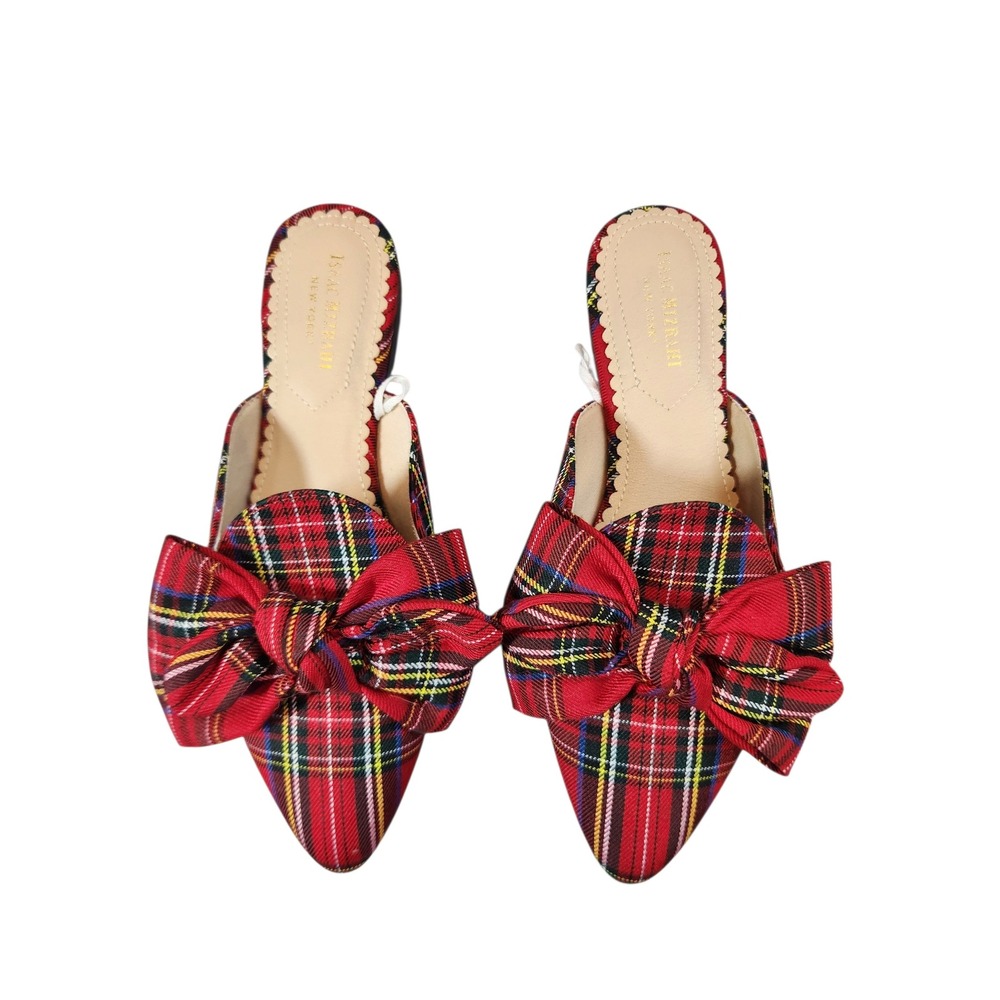 Isaac Mizrahi Mules Womens 6 Red Tartan Plaid Bow Pointed Toe Flat Slides